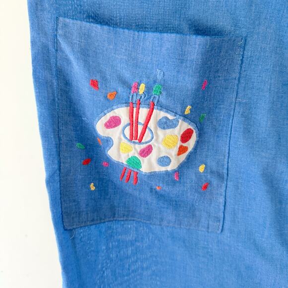 Vintage Smart Time Blue Embroidered Button Front Dress Artist Teacher USA Made - Picture 3 of 9